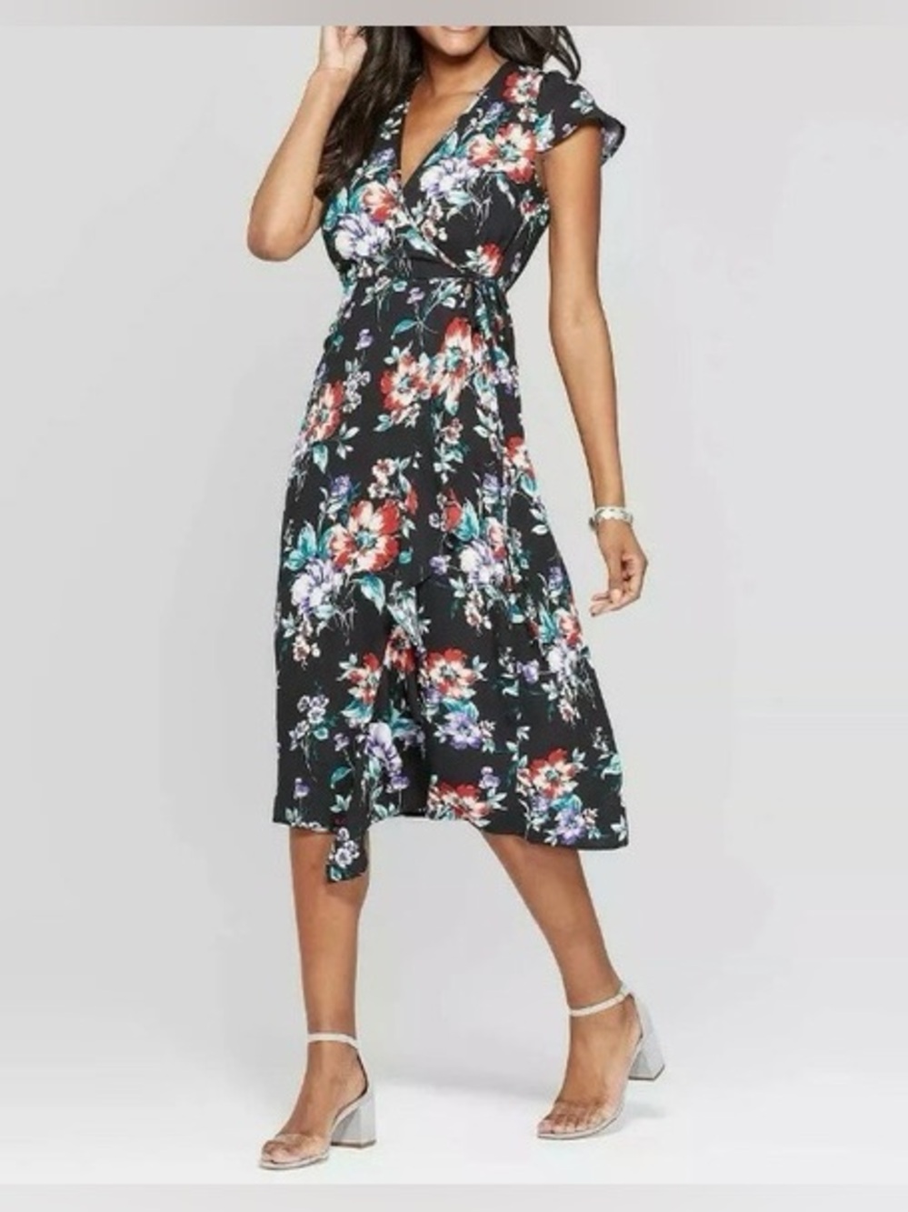 Xhilaration ~ Faux Wrap ~ Midi Dress ~ Floral ~ V in Front & Back w/ Back Tie